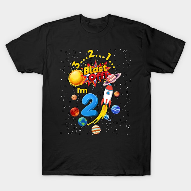 Second Birthday Blast Off 2 Astronaut Rocket T-Shirt by Print-Dinner